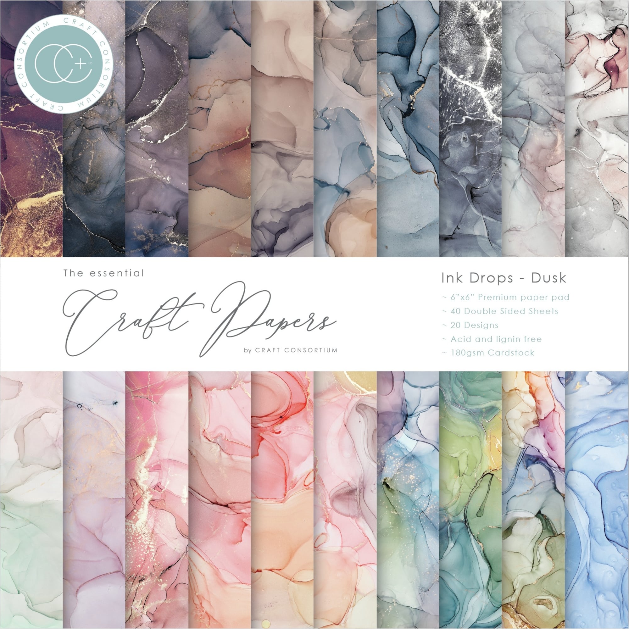 Craft Consortium Ink Drops Dusk Double-Sided Paper Pad, 6" x 6"